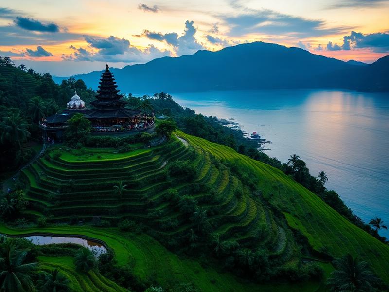 Bali rice terraces and a temple overlooking the sea at sunset