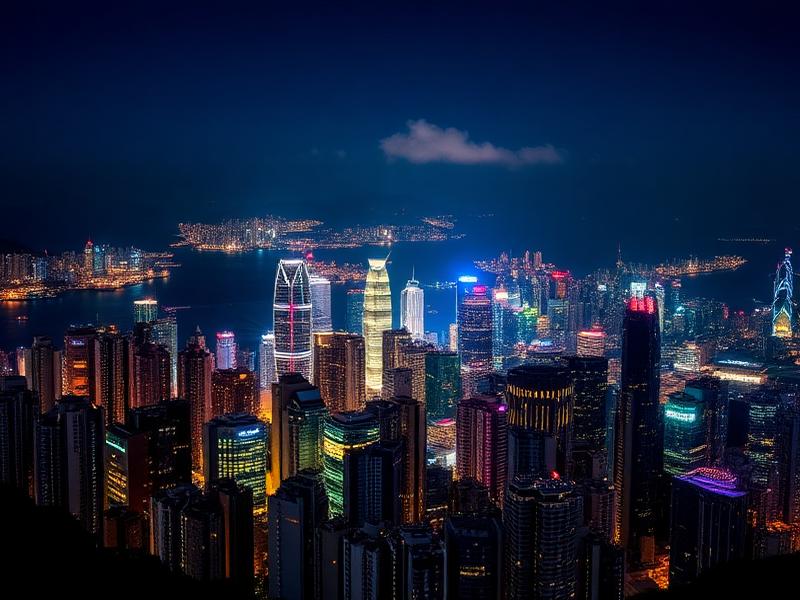 Hong Kong harbour skyline illuminated at night