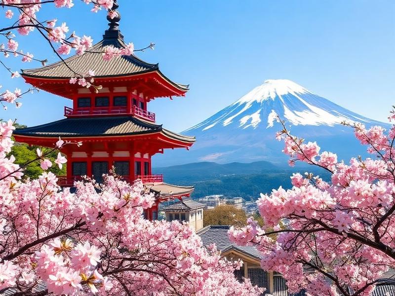 Japanese pagoda framed by cherry blossom with a snow-capped mountain behind