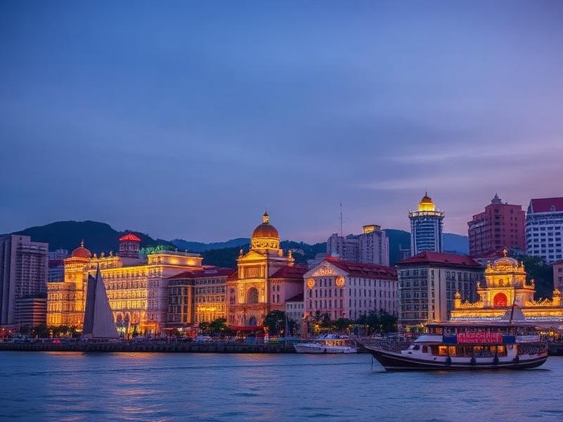 Macau waterfront with historic colonial architecture at dusk