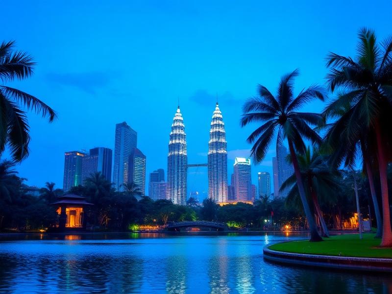 Kuala Lumpur skyline at blue hour seen across a city park lake