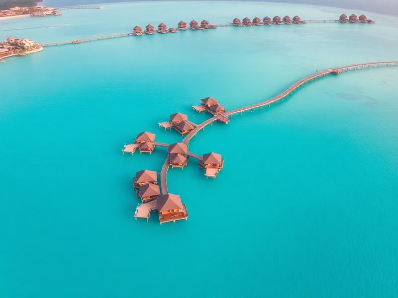 Aerial view of Maldives overwater villas on a turquoise lagoon