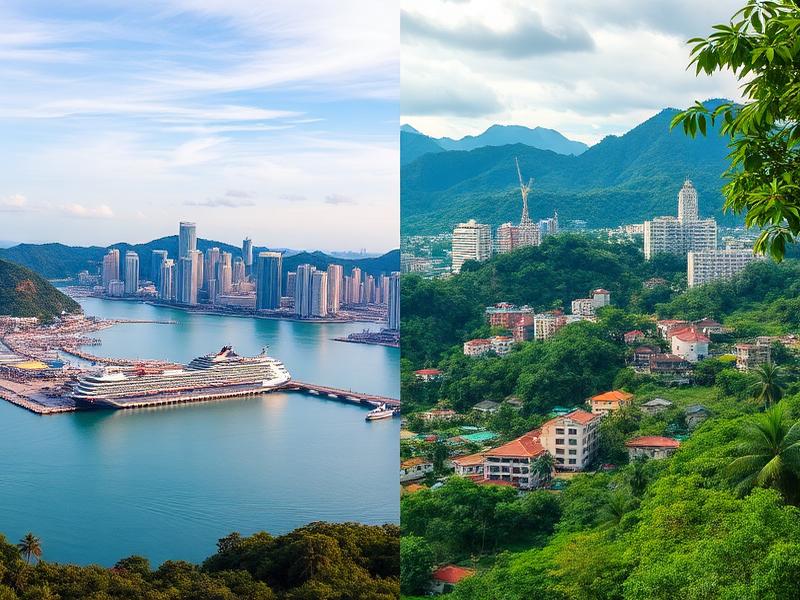 Combination holiday image showing a modern bay city and a tropical highland city