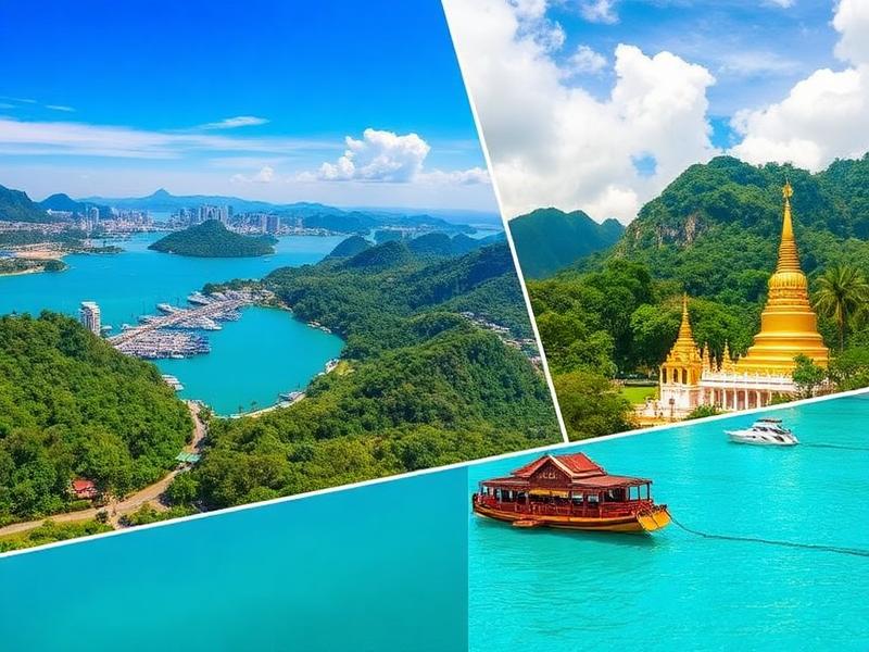 Three-destination Southeast Asia collage with a bay city, tropical hills and a golden temple