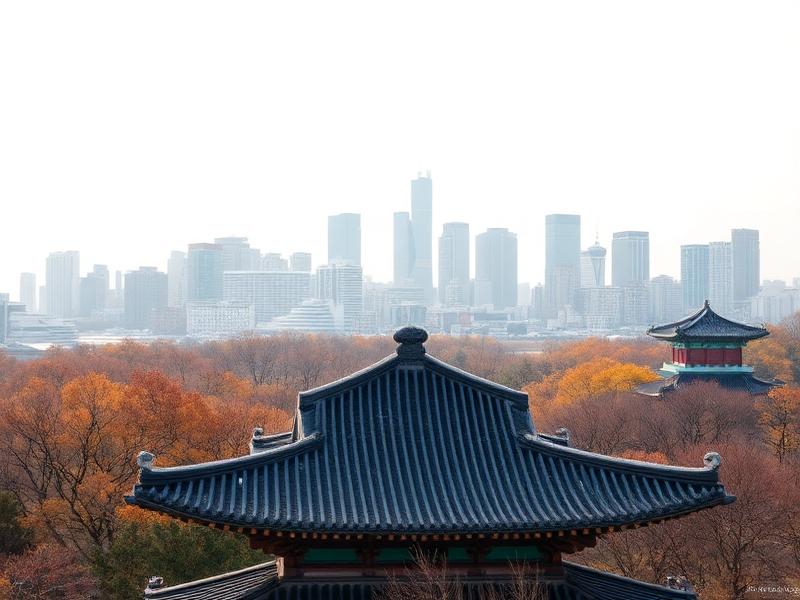 Traditional Korean palace roof with the Seoul skyline and autumn trees