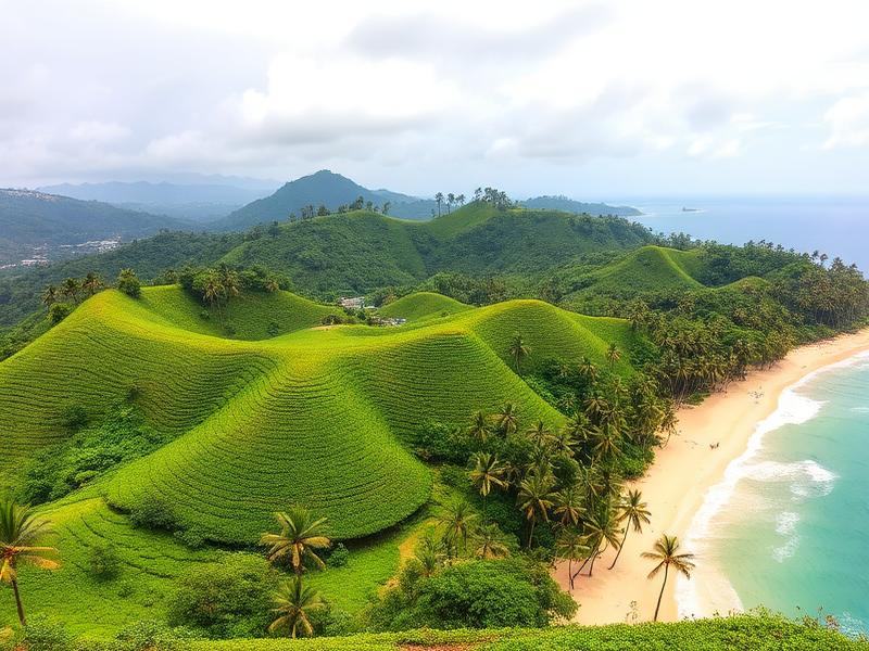 Sri Lankan tea plantation hills beside a palm-lined beach