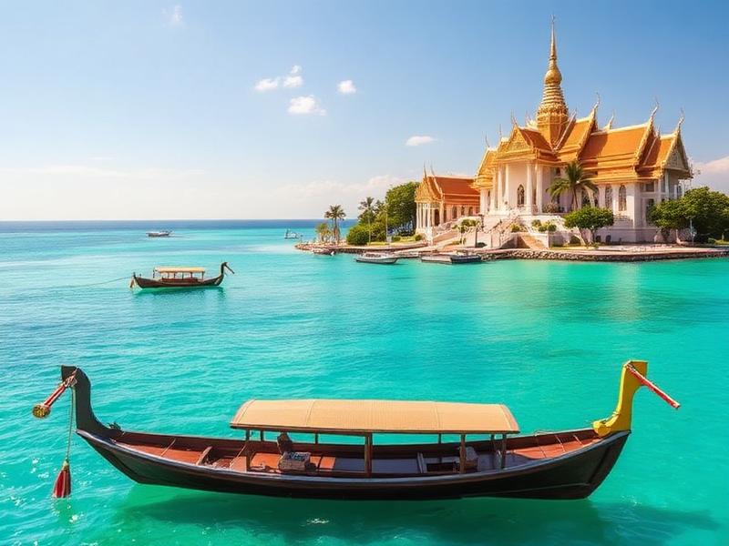 Thai temple beside turquoise sea with a traditional long-tail boat