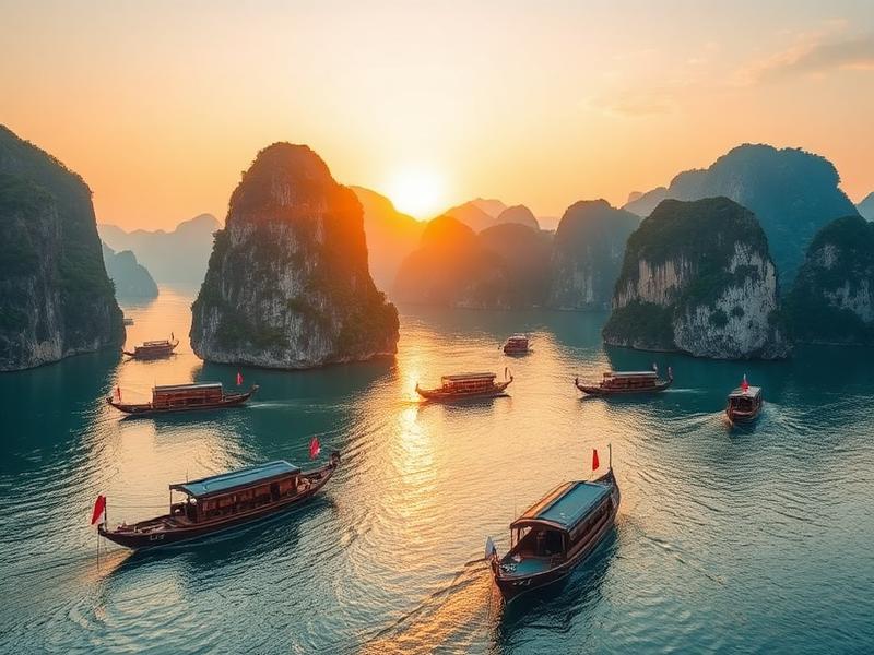Limestone karsts and traditional boats in a Vietnamese bay at sunrise